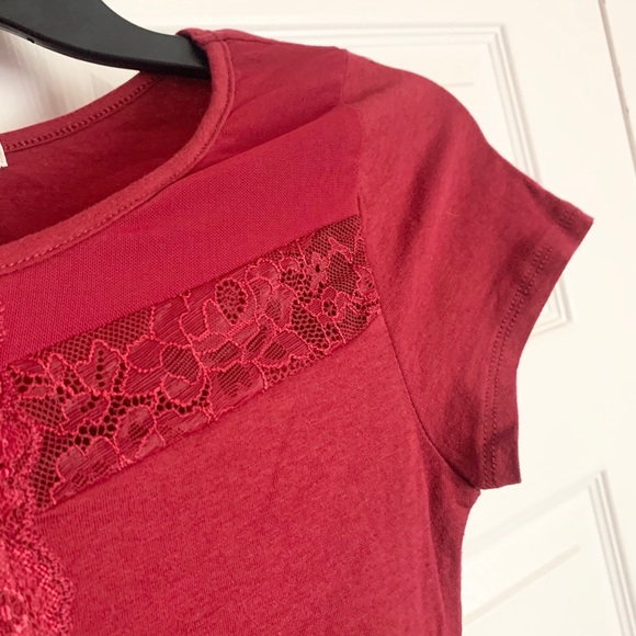 NWOT Burgundy Sheer Lace Mesh Cutout Fitted Tee - Picture 8 of 13